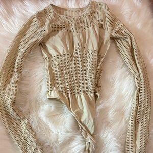 Beige Long Sleeve Mesh Bodysuit